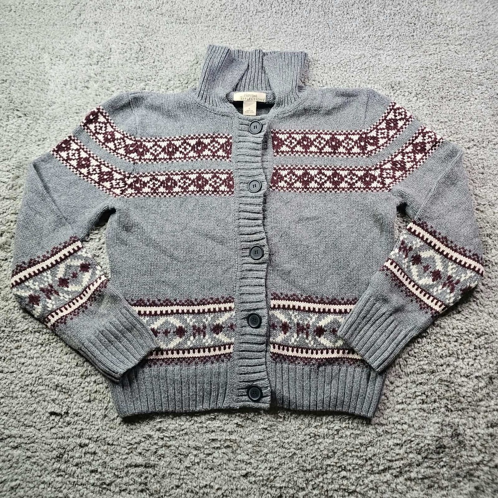 Natural Reflections Grey Fair Isle Button Cardigan Sweater Wool Blend Large